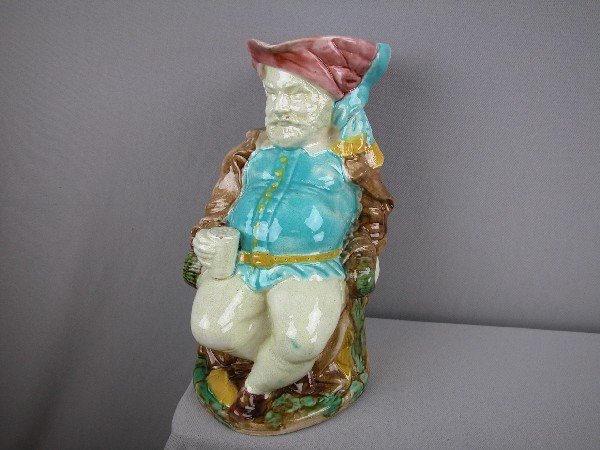 Majolica figural toby pitcher, English registry : Majolica figural toby pitcher, English registry mark on bottom, 10", minor hairline