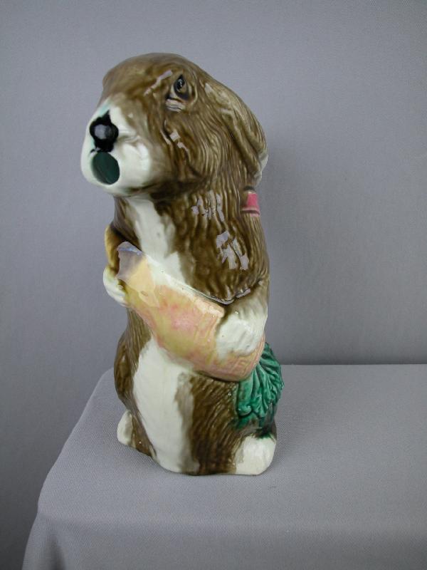 ORCHIES figural rabbit with carrot pitcher, 10",: ORCHIES figural rabbit with carrot pitcher, 10", professional rim repair, ref: Cunningham p. 114