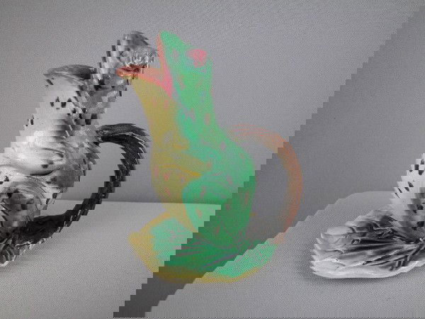 Majolica frog on lily pad figural pitcher, attr: Majolica frog on lily pad figural pitcher, attributed to Steele, professional rim repair, 6 1/2"