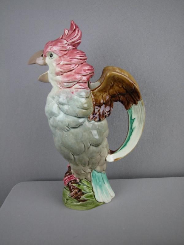 GEORGE DREYFUS figural cockatoo pitcher, ref: Cu: GEORGE DREYFUS figural cockatoo pitcher, ref: Cunningham p. 127, rare form, 12 1/4", professional repair to beak
