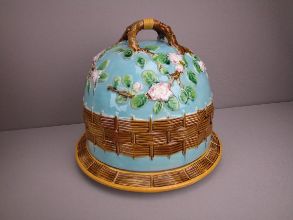 GEORGE JONES half size turquoise apple blossom an: GEORGE JONES half size turquoise apple blossom and basket cheese keeper, 10"h, professional hairline repair to cover, top doesn't quite fit into base