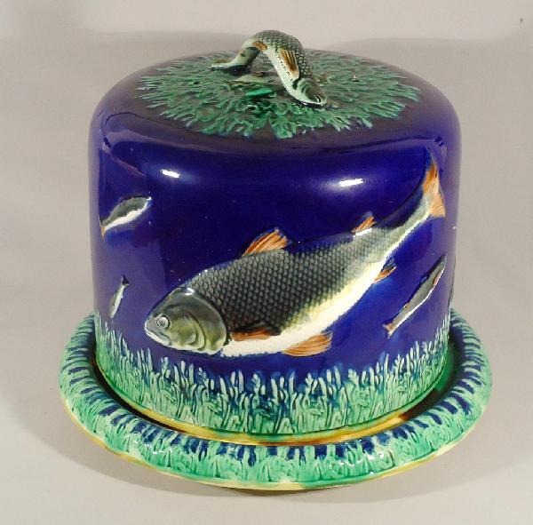ADAMS & BROMLEY majolica cobalt underwater pat: ADAMS & BROMLEY majolica cobalt underwater pattern fish full size cheese keeper, great color