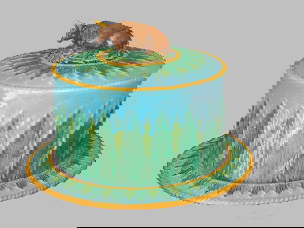 GEORGE JONES majolica turquoise cow cheese keeper: GEORGE JONES majolica turquoise cow cheese keeper with leaf and rope border, professional repair to cow's horns, great color and detail, 10"h