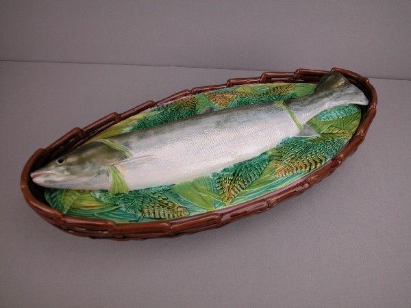 GEORGE JONES majolica tureen in the form of a lar: GEORGE JONES majolica tureen in the form of a large fish on bed of leaves and ferns atop a large basket, great color and detail, 19 1/2"l, professional repair to tail of fish