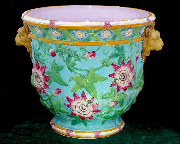 MINTON large majolica passion flower jardiniere,: MINTON large majolica passion flower jardiniere, 18", a similar jardiniere can be seen in Queen Vitoria's bedroom Osborne House, Isle of Wight which is the Royal Summer House, professional repair to b