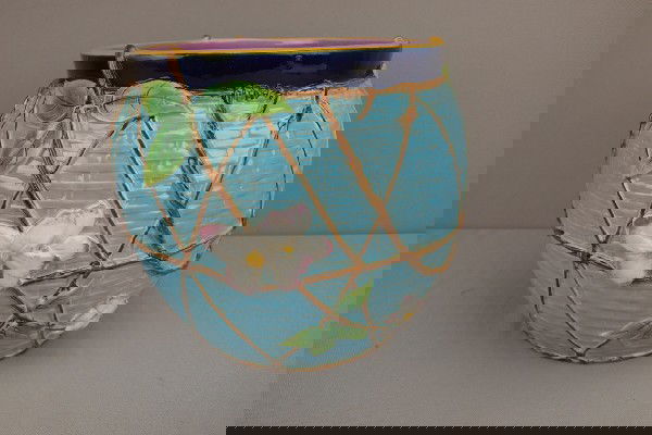 GEORGE JONES majolica rare form basket jardinier: GEORGE JONES majolica rare form basket jardinierewith flower blossoms, 10", very rare, great color and detail