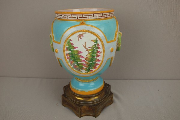 MINTON botanical small jardiniere on brass stand,: MINTON botanical small jardiniere on brass stand, professional rim repair, 10"