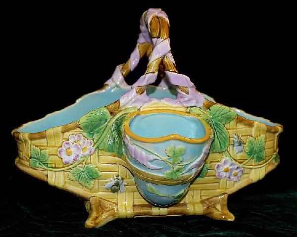 GEORGE JONES rare majolica double pannier straw: GEORGE JONES rare majolica double pannier strawberry server, 11"l, great detail and color, very rare form , minor hairline