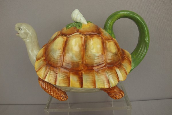 MINTON rare figural turtle porcelain teapot with: MINTON rare figural turtle porcelain teapot with majolica colors, rare form, good colors, 8 1/2"l