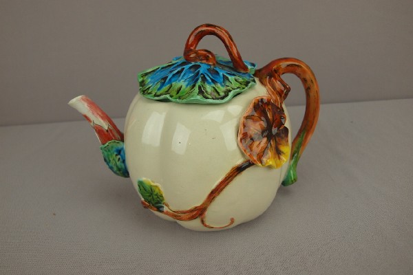 ROYAL WORCESTER gourd form teapot with lily pad : ROYAL WORCESTER gourd form teapot with lily pad leaves and vine handle, very unusual form, porcelain with majolica glazes
