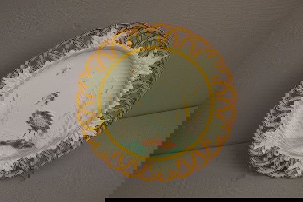 WEDGWOOD stork in marsh plate with reticulated ri: WEDGWOOD stork in marsh plate with reticulated rim, good color and detail, 9", designed by Theodore Deck