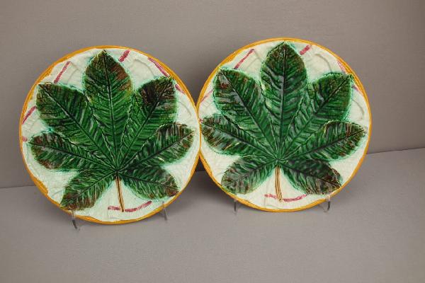 GEORGE JONES pair of majolica chestnut leaf on na: GEORGE JONES pair of majolica chestnut leaf on napkin plates , 9"