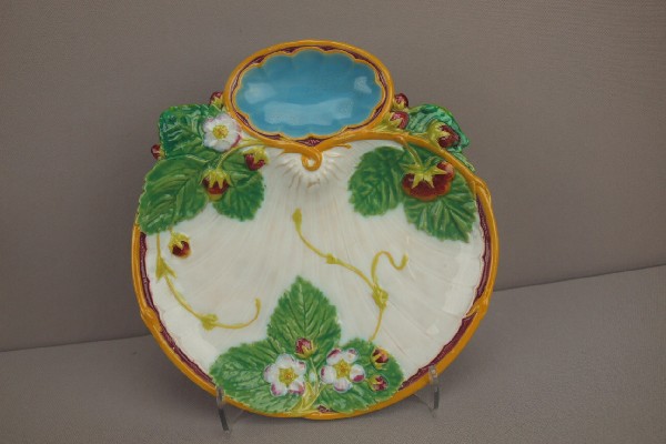 MINTON strawberry and shell plate with dipping w: MINTON strawberry and shell plate with dipping well handle , shape no. 1330, professional rim repair
