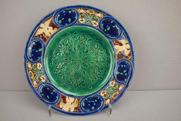 MINTON cobalt plate with angels and floral bord: MINTON cobalt plate with angels and floral border, 9 1/2"d, professional rim repair