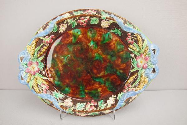 GEORGE JONES chocolate platter with floral bord: GEORGE JONES chocolate platter with floral border and lavender ribbon and bow handles, 13", professional rim repair