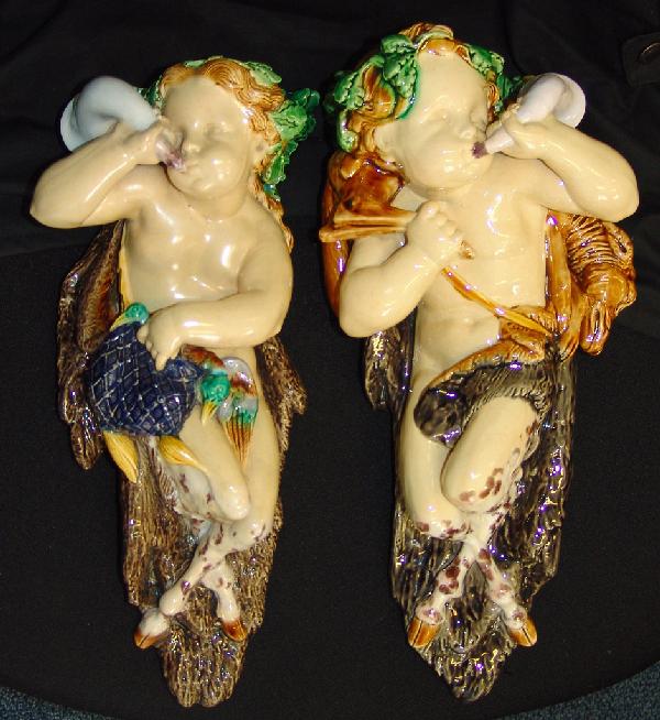 MINTON majolica pair of wall "Hunting" appliques : MINTON majolica pair of wall "Hunting" appliques designed by Albert Carrier Bellouse, 14", great color and detail