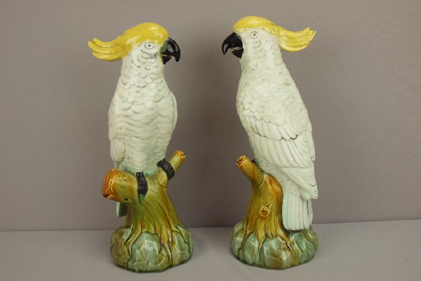 MINTON pair of majolica white cockatoos on branch: MINTON pair of majolica white cockatoos on branch figures, 12", rare color