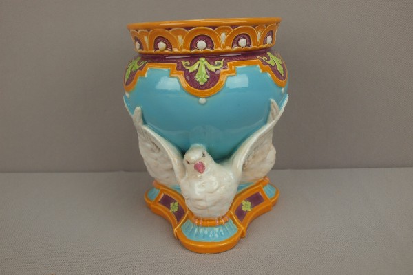 MINTON figural vase in the form of three fantail: MINTON figural vase in the form of three fantail pigeons supporting vase, turquoise ground, shape no. 1482, date code for 1869, great color