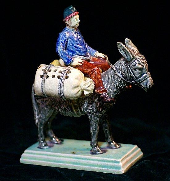 Rare majolica Caldas donkey and rider toothpick: Rare majolica Caldas donkey and rider toothpick holder, 5"l