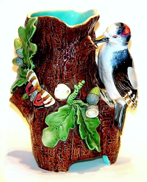 MINTON very rare woodpecker and butterfly vase,: MINTON very rare woodpecker and butterfly vase, 7", professional rim and wing tip repair
