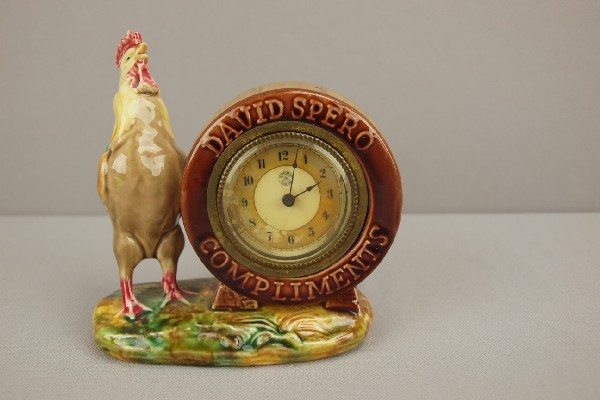 French majolica Georges Dreyfus figural rooster: French majolica Georges Dreyfus figural rooster clock with advertising "David Spero Compliments", New Haven clock works, 5 1/2"h, rare form