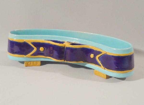 MINTON unusual form majolica posey holder in the : MINTON unusual form majolica posey holder in the form of a belt, shape no. 1552, 10"l, professional rim repair