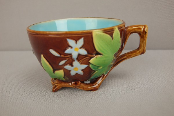 MINTON floral cup with vine handle and brown gro: MINTON floral cup with vine handle and brown ground, professional rim repair