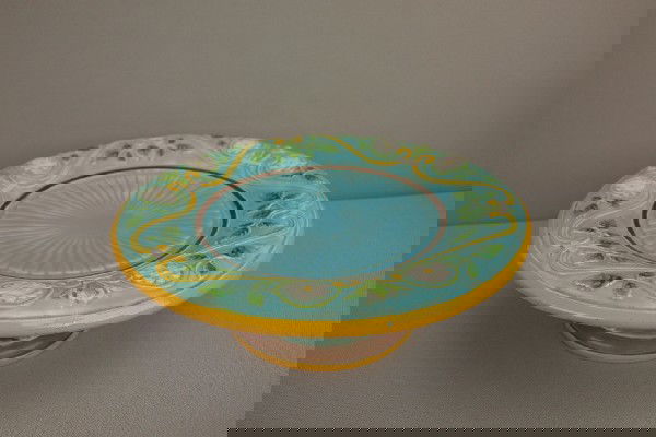 GEORGE JONES turquoise comport with floral rim,: GEORGE JONES turquoise comport with floral rim, nice color, 9"d