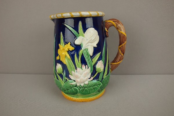 GEORGE JONES majolica cobalt water lily and iris : GEORGE JONES majolica cobalt water lily and iris pitcher, 6 1/2", great color