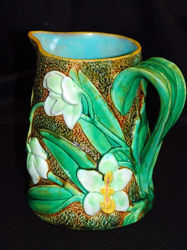 GEORGE JONES majolica orchid pitcher, 7": GEORGE JONES majolica orchid pitcher, 7", professional rim repair