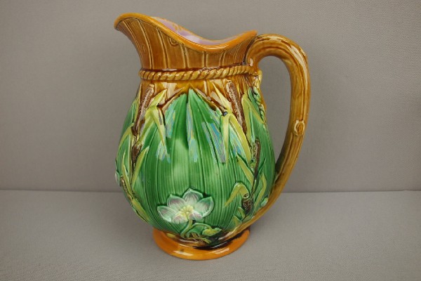 GEORGE JONES bullrush and water lily pitcher, 8: GEORGE JONES bullrush and water lily pitcher, 8 1/2", professional rim repair