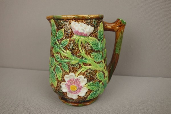 GEORGE JONES wild rose on tree bark pitcher, 5: GEORGE JONES wild rose on tree bark pitcher, 5"