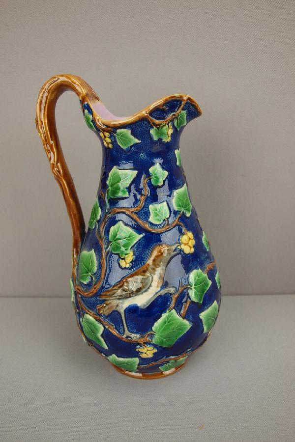 MINTON cobalt pitcher with egret on one side an: MINTON cobalt pitcher with egret on one side and bird on the other with overall vine and berry motif, great color, 9 1/4"