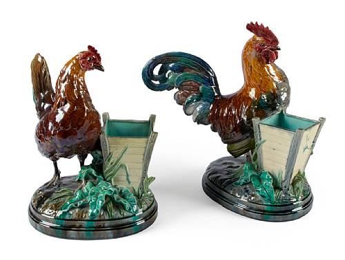 MINTON rare matching rooster and hen spill holde: MINTON rare matching rooster and hen spill holder modelled by John Henk, ref: Joan Jones p. 145, 14"h, extremely rare
