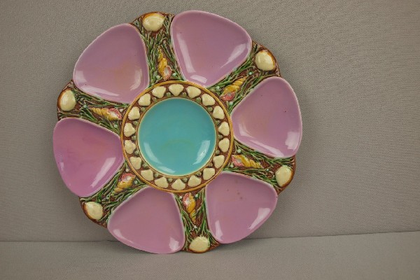 MINTON majolica 6 well pink oyster plate, shape: MINTON majolica 6 well pink oyster plate, shape no. 1323, 9", professional rim repair, minor hairline