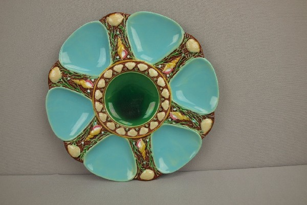MINTON turquoise majolica 6 well oyster plate, : MINTON turquoise majolica 6 well oyster plate, shape no. 1323, 9"