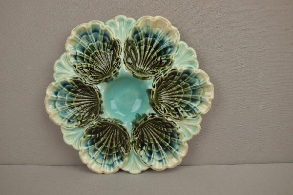 French majolica Longchamp 6 well oyster plate, : French majolica Longchamp 6 well oyster plate, 8 1/2"