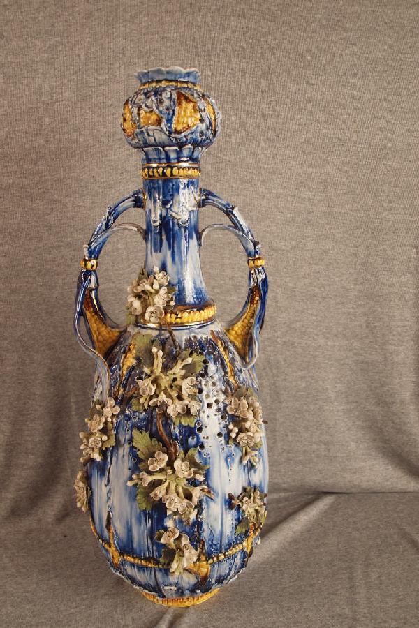 Amphora monumental floor puzzle vase, blue with ap: Amphora monumental floor puzzle vase, blue with applied flowers, 23 3/4", minor losses to some flowers