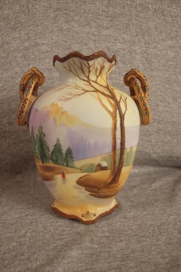 Nippon pillow type vase with scene of lady walking: Nippon pillow type vase with scene of lady walking in stream, 7"