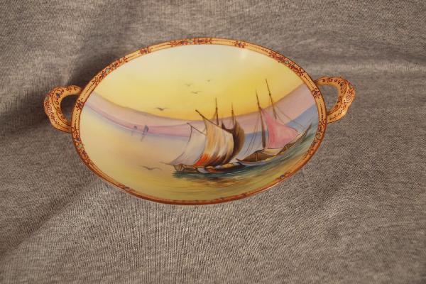 Nippon two handled bowl with sailboat scene, 7" : Nippon two handled bowl with sailboat scene, 7"