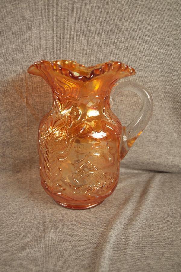 Fenton marigold carnival glass Fluffy Peacock wate: Fenton marigold carnival glass Fluffy Peacock water pitcher