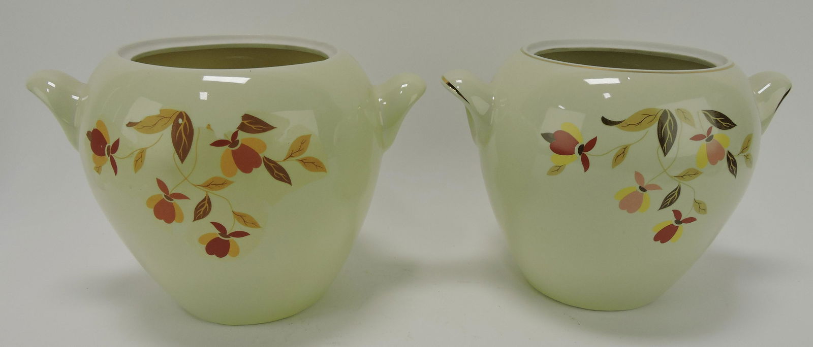 Hall China Autumn Leaf Eva Zeisel: lot of 2 cookie jars, no lids, one shop sample
