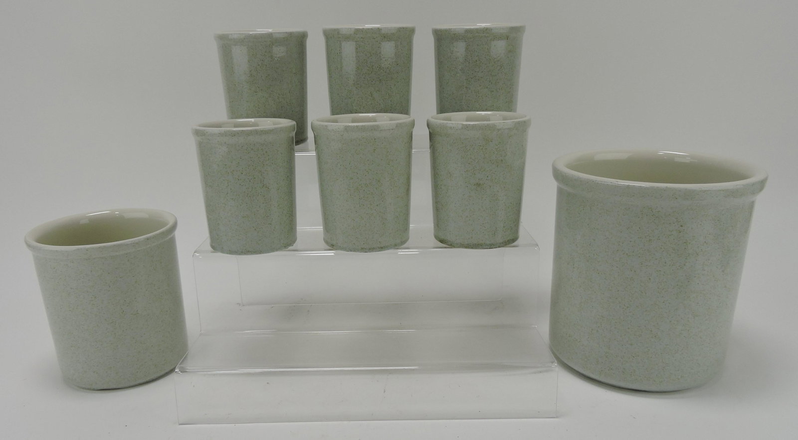 Hall China lot of 8 gray speckled crocks: .