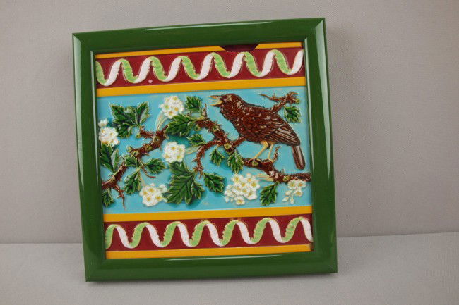 GEORGE JONES 8" majolica tile with bird, framed, chi: GEORGE JONES 8" majolica tile with bird, framed, chip