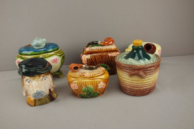 Lot of 6 majolica humidors in various shapes and co: Lot of 6 majolica humidors in various shapes and condition