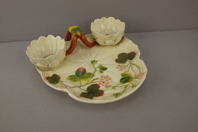 GEORGE JONES albino majolica strawberry server wit: GEORGE JONES albino majolica strawberry server with lily cup cream and sugar, 10 1/2"w