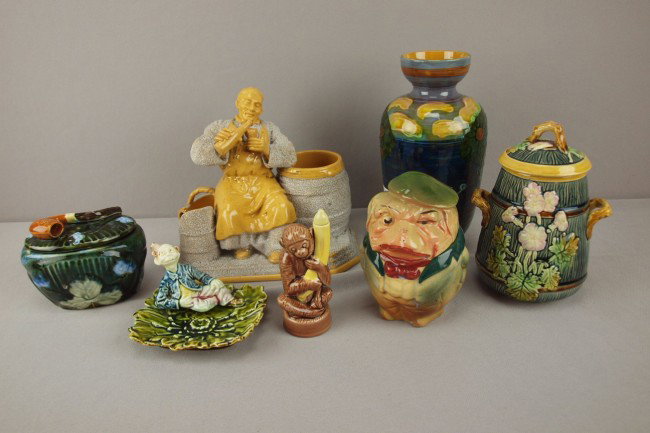Majolica lot of 7 items - 2 humidors, Wardle potte: Majolica lot of 7 items - 2 humidors, Wardle pottery vase, match striker, monkey bottle, figural tray and sugar, various condition