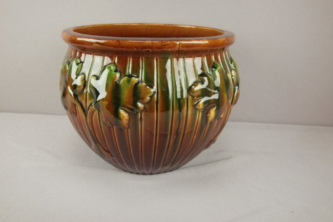 Mottled green and brown jardiniere, 12"d : Mottled green and brown jardiniere, 12"d