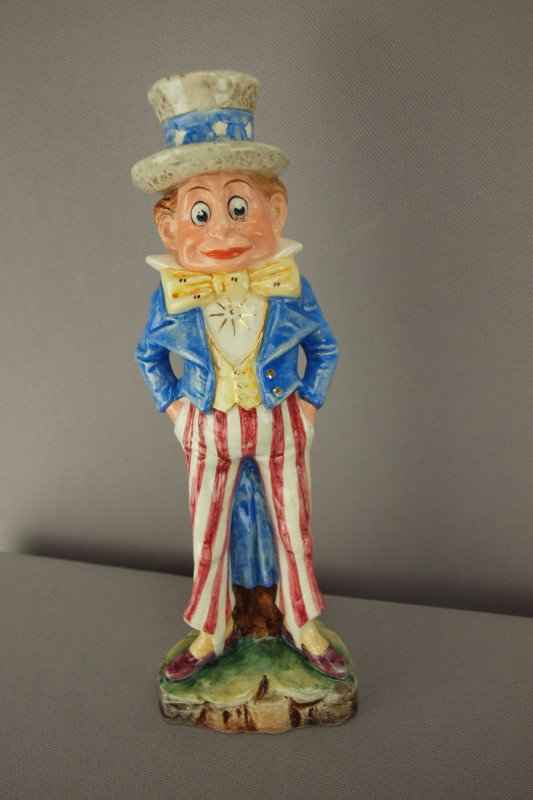 Palmer Cox Brownie majolica figure of Uncle Sam, 9: Palmer Cox Brownie majolica figure of Uncle Sam, 9", minor base nick