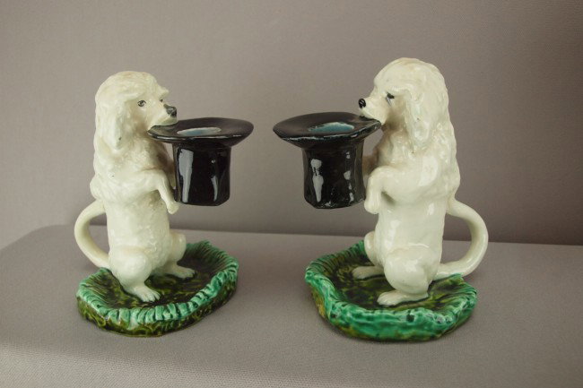 SARREGUEMINES rare pair of poodle figural candle : SARREGUEMINES rare pair of poodle figural candle holders, very rare form, 5 1/2"h, shape no. 2304